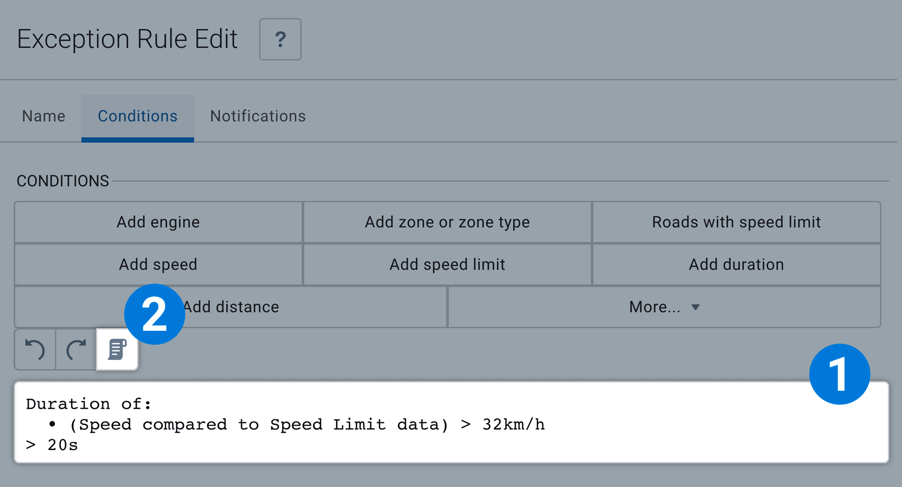 MyGeotab UI screenshot of how to set exception rule